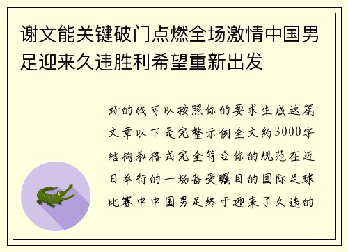 谢文能关键破门点燃全场激情中国男足迎来久违胜利希望重新出发